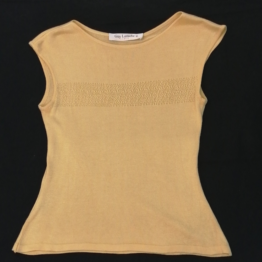 Guy Laroche Vintage French Designer Butter Yellow Knit Cap Sleeve Top Sz 40 US 8
